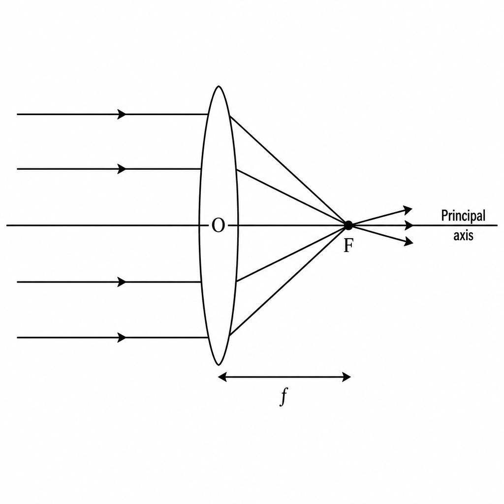 After passing through a convex lens, rays parallel to the principal axis meet at the principal focus F. The distance from O to F is the focal length f.