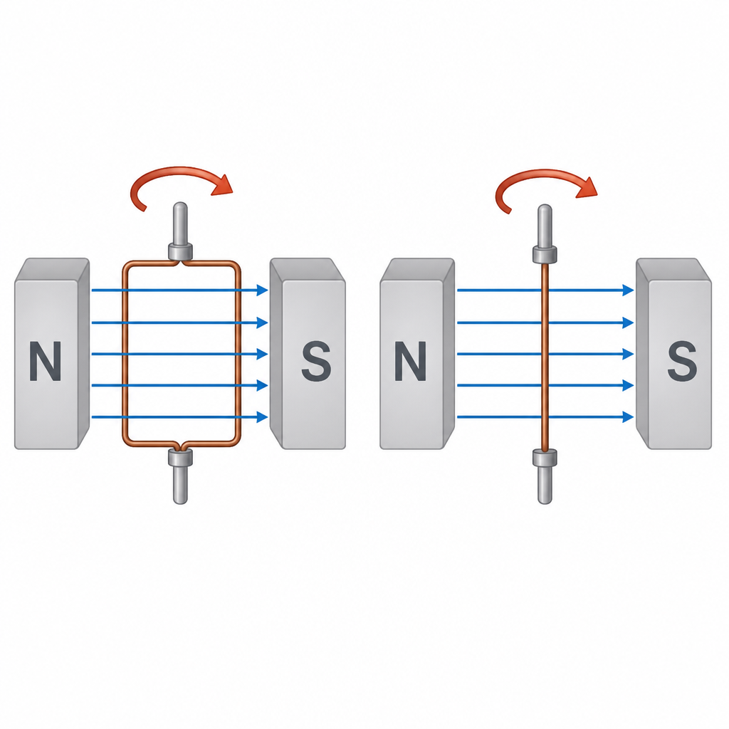 A coil turning between two opposite poles: face on, many lines pass through it; edge on, none do. Turning the coil keeps changing its flux.
