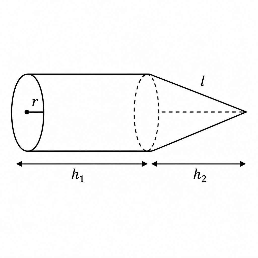 A cylinder of height \( h_1 \) joined to a cone of height \( h_2 \) and slant height \( l \), both of radius \( r \); the dashed circle where they meet is hidden inside.
