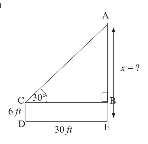 The man's eye C is 6 ft above the ground, so triangle ABC sits on top of a 6 ft strip, and the tree's height AE is AB plus BE.