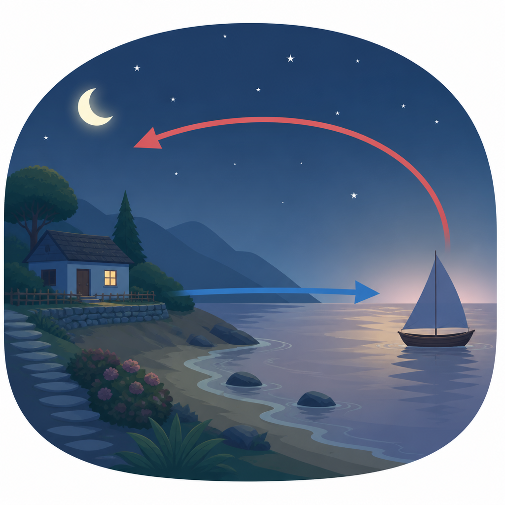 At night the sea is warmer than the land, so warm air rises over the sea and cool air moves out from the land.