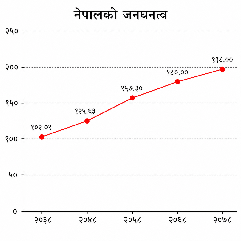 पाँच जनगणनाको रेखा लगातार उकालो लागेको देखिन्छ, जसले जनघनत्व कहिल्यै नघटी बढ्दै गएको पुष्टि गर्छ।