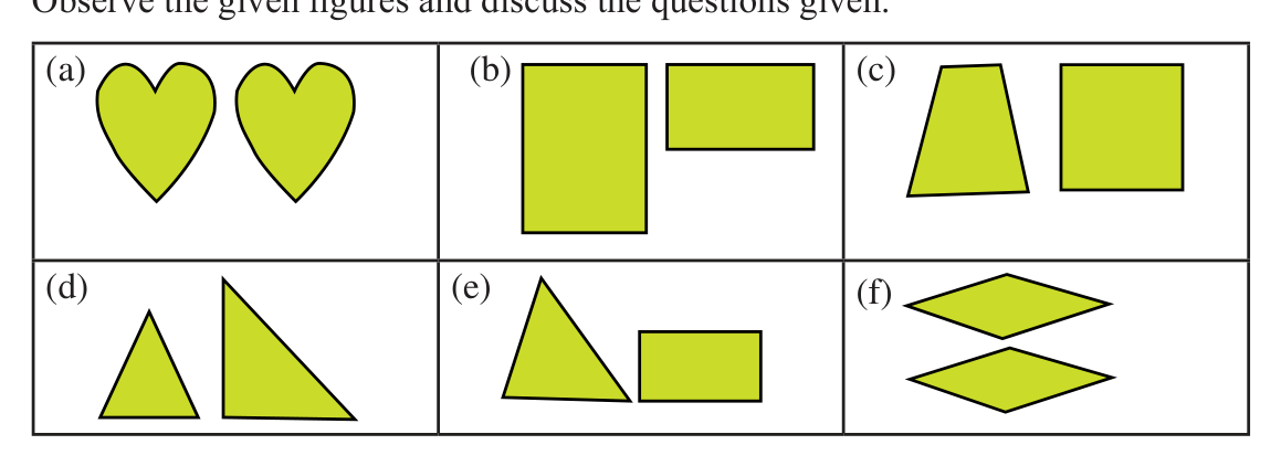 Six pairs of figures: some pairs match exactly when overlapped, while others differ in shape and can be compared only by their area.