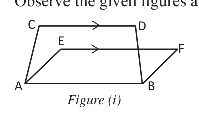 Figure (i): quadrilaterals ABDC and ABFE share the base AB, but their top sides CD and EF lie on two different lines parallel to AB.