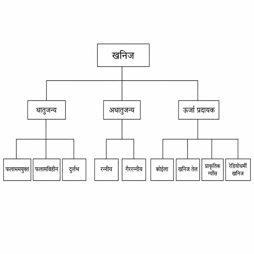 The classification chart of minerals: the three main types and the sub-groups under each.
