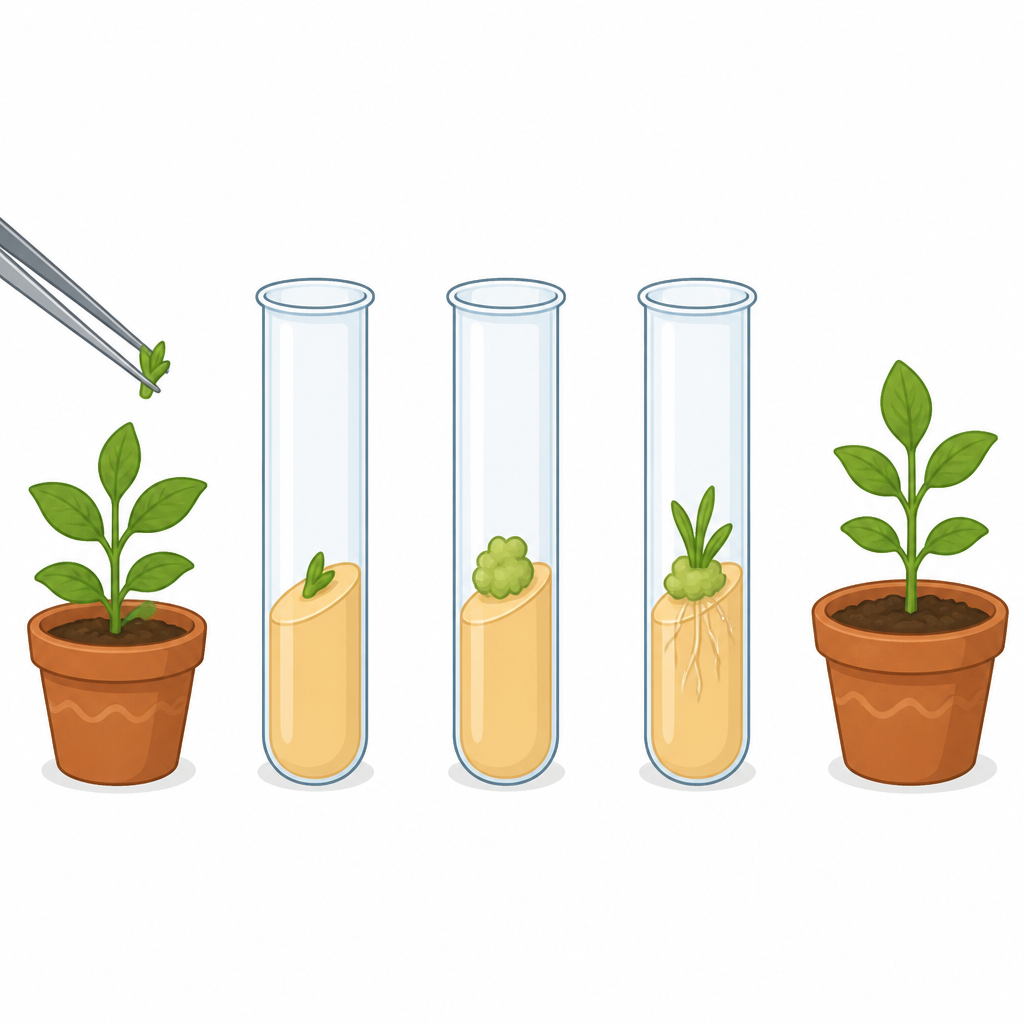 The order of the work: a small piece of plant forms a callus, and shoots and roots then grow from it into a complete plant.