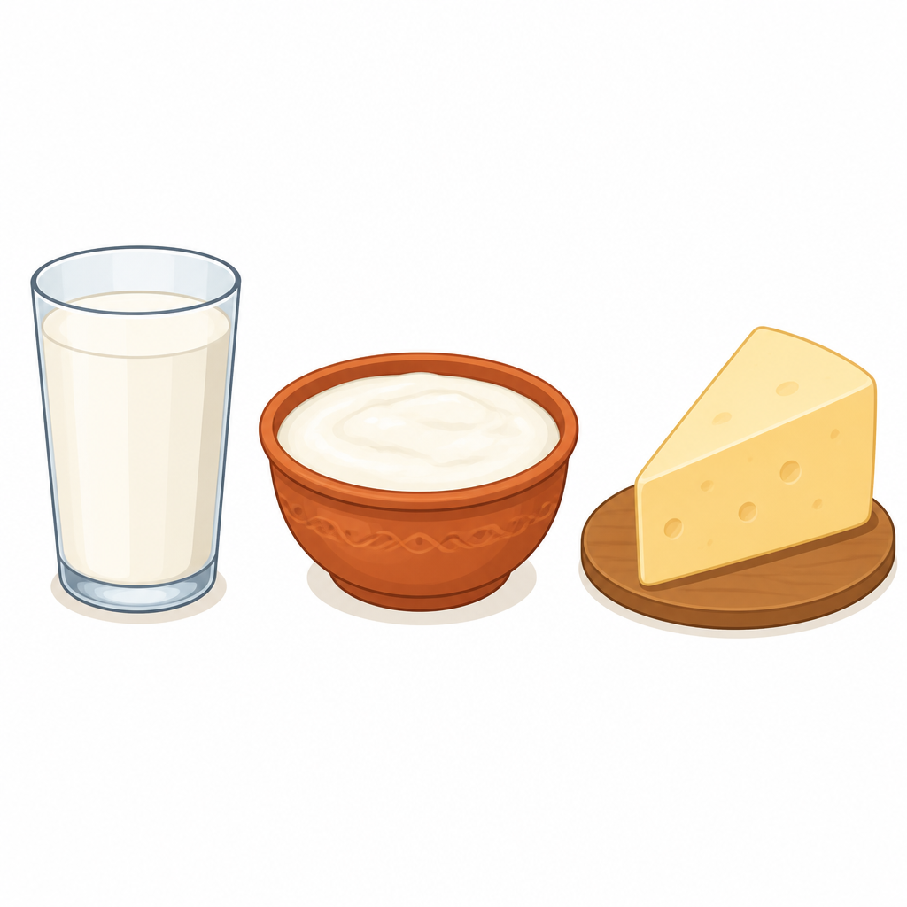 Milk, the curd set from it and the cheese made from it, shown in one row so the chain is clear