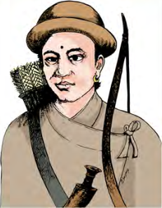 धनुबाण, ठोक्रो र खुकुरीसहितका योद्धा। एकीकरणकालका लडाकुको पहिरन र हतियार यस्तै हुन्थ्यो।