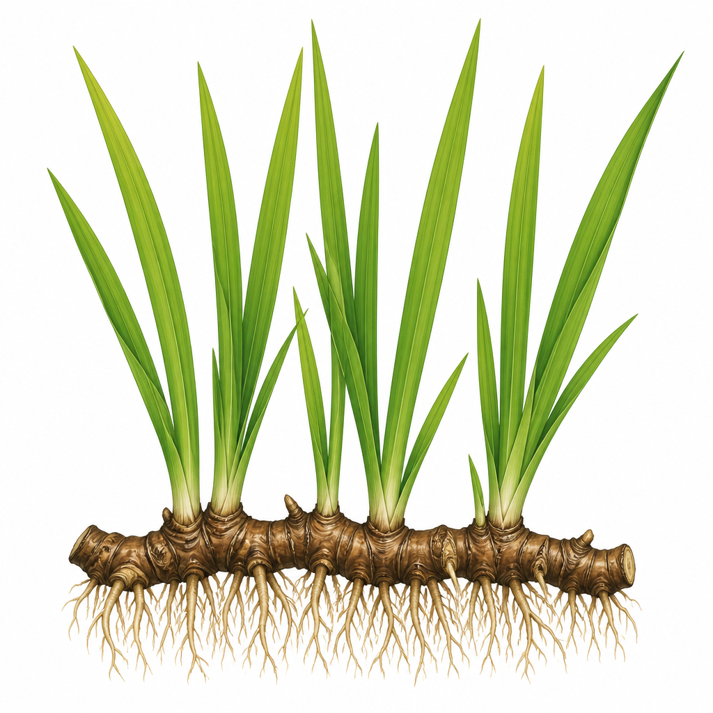 Bojo: sword-shaped leaves rising from a thick sideways rhizome, the part used as medicine