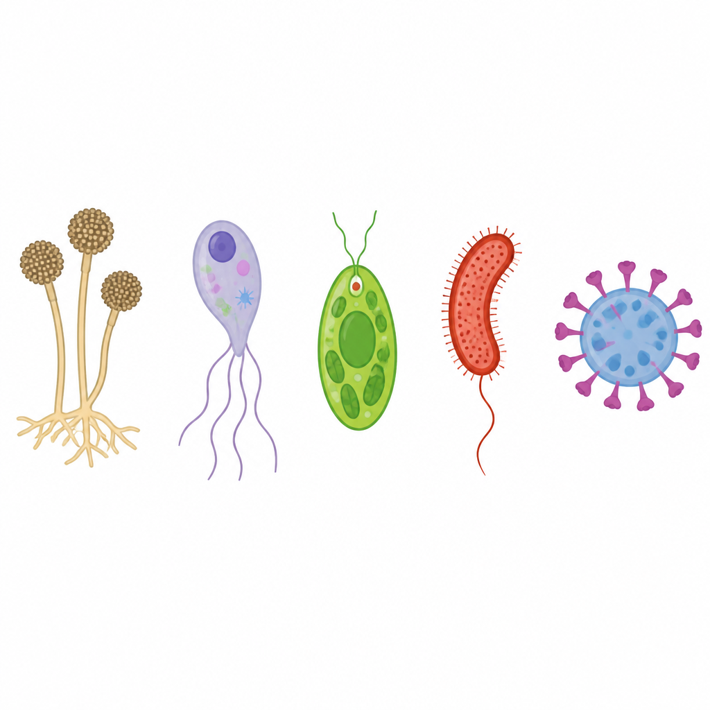 Microorganisms are not all alike. A fungus, a protozoan, an alga, a bacterium and a virus all belong to this one group.