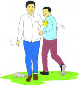 One man bumps into another while walking.