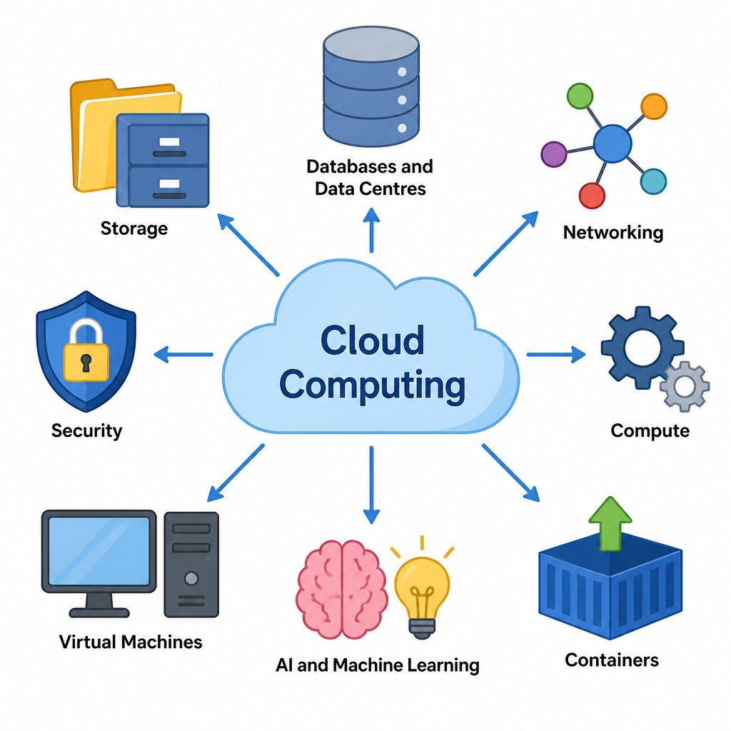 The services one cloud provides: storage, databases and data centres, networking, security, compute, virtual machines, AI and machine learning, and containers
