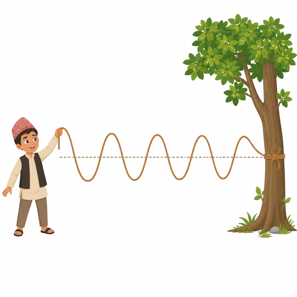 A wave running along a stretched rope when one end of it is shaken.