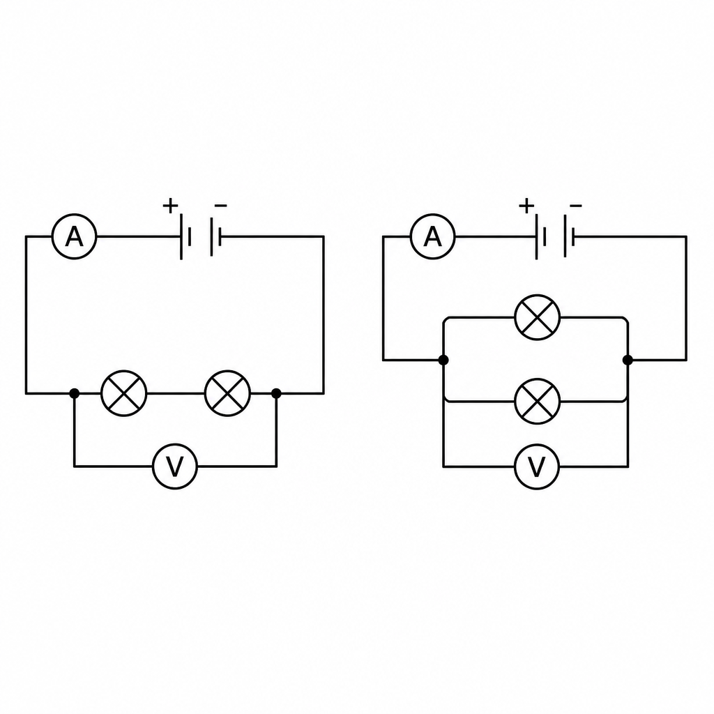 Left: bulbs joined one after the other (series). Right: bulbs on separate paths (parallel). In both, the ammeter reads the current and the voltmeter reads the potential difference.