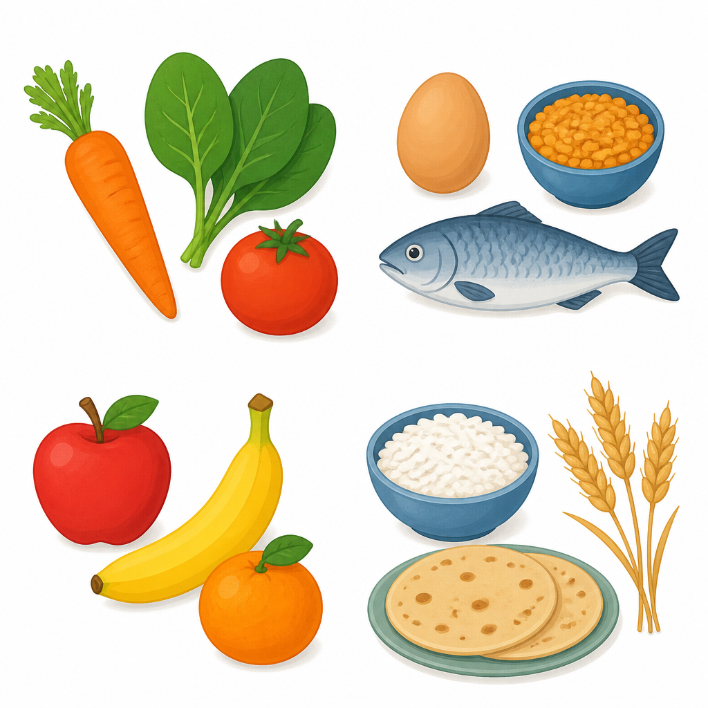 A varied diet includes vegetables, protein, fruits and grains, the right fuel for a body that runs all day.