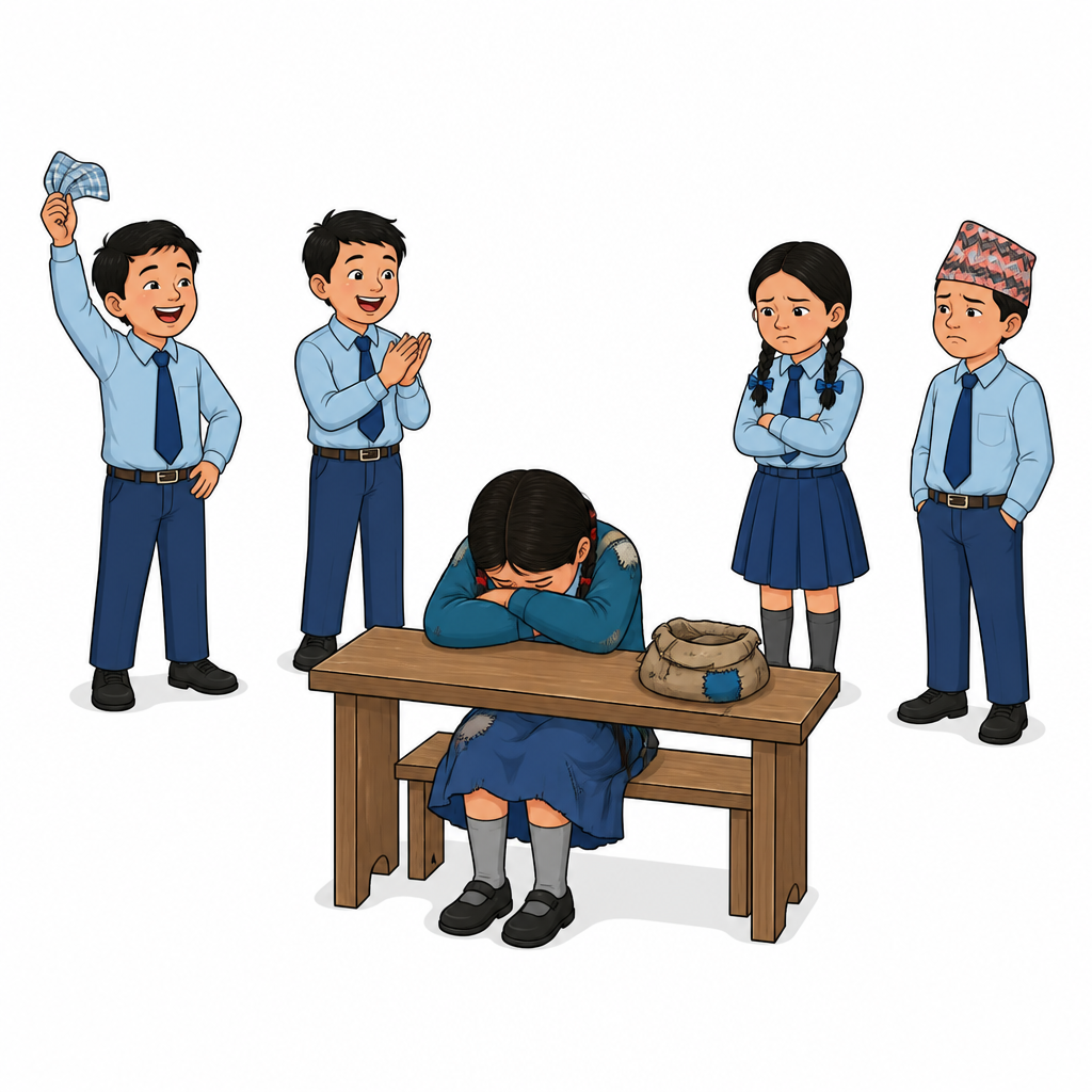 पुरानो पोसाक लगाएकी चमेली बेन्चमा मुन्टो निहुराएर बसेकी र वरिपरिका साथीहरू हाँसिरहेको दृश्य, जसले वचनबाणको पीडा देखाउँछ।