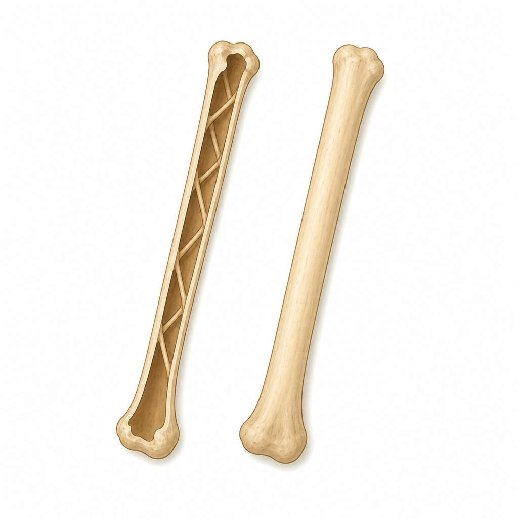 A bird bone cut open: hollow and full of air, with thin struts across the space, so it is light but still strong