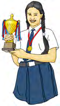 A schoolgirl holds up the trophy she has just won.