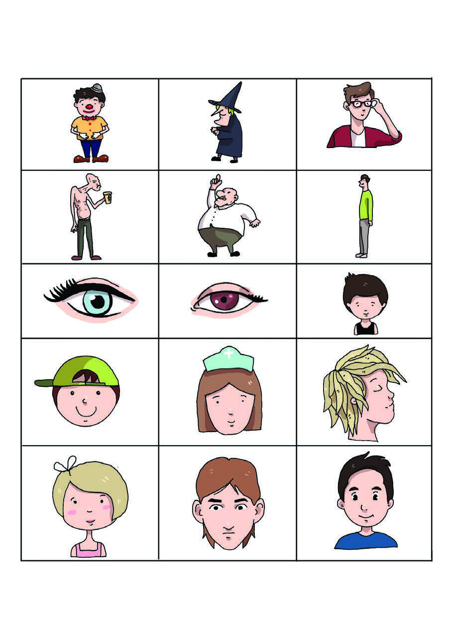 Fifteen very different people, faces and eyes to describe aloud: pick any one and talk about age, build, height, eyes, face, nose, mouth and ears.