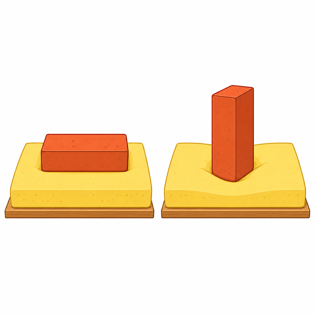 How far a foam pad sinks under the same brick when it rests on its broad face and when it stands on its narrow face.
