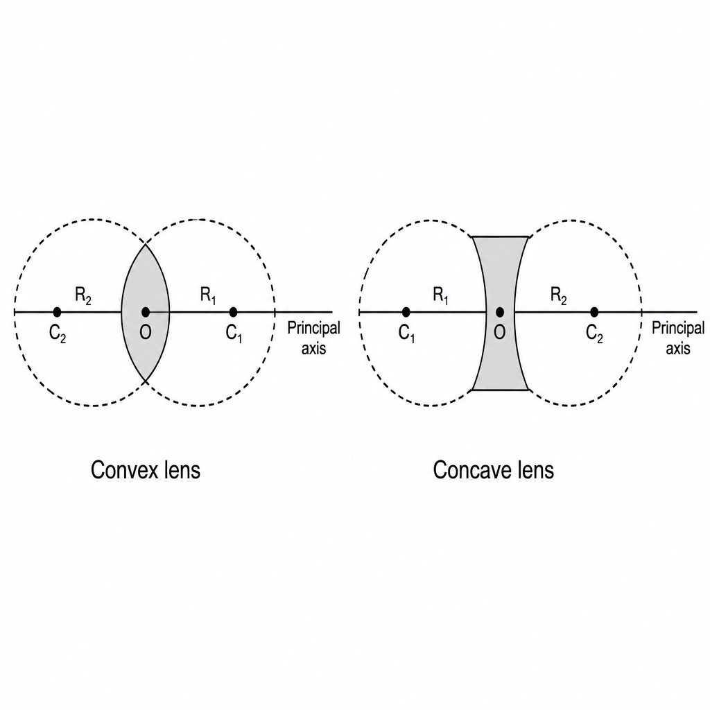 A convex lens is the part shared by two overlapping spheres, while a concave lens fits in the gap between two spheres. Each curved face is part of one sphere.