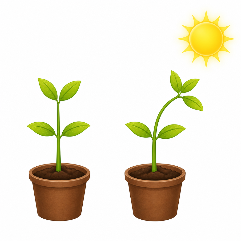 When light comes from one side, auxin makes the stem tip bend and grow toward that light. This growth toward light is phototropism.