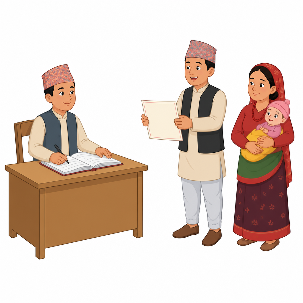 वडा कार्यालयमा परिवारले जन्म दर्ता गराउँदै र दर्ता प्रमाणपत्र पाउँदै