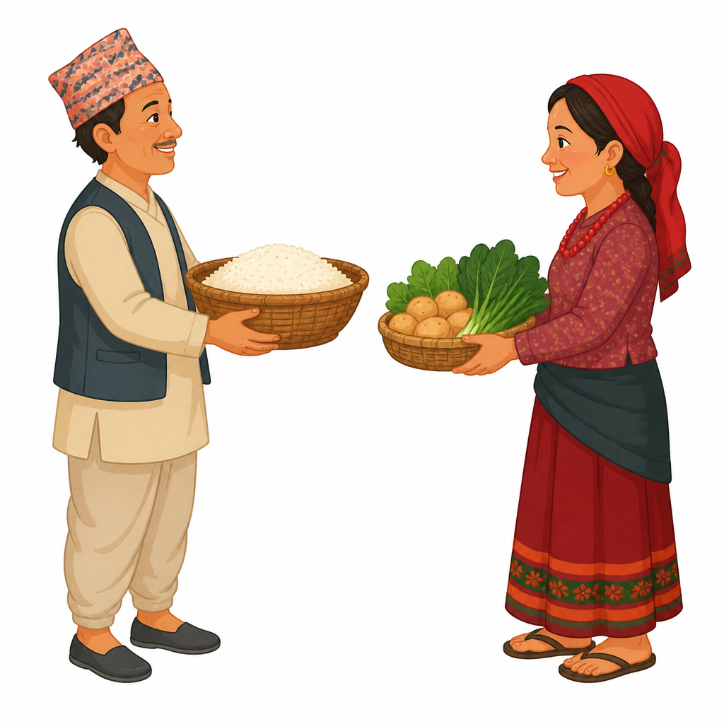 पैसा नचलाईकन अन्नको बदलामा तरकारी साटिँदै। यही साटासाट नै वस्तु विनिमय हो।