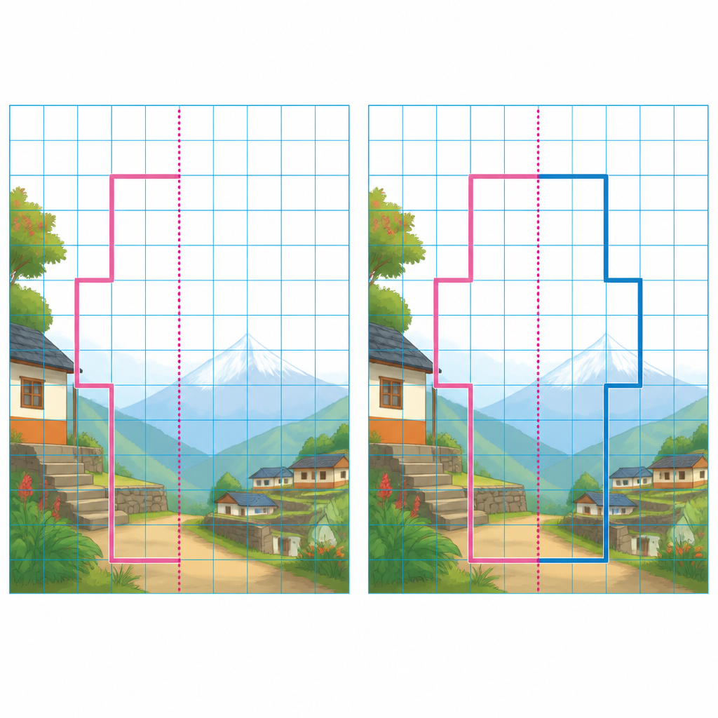 The given half beside the axis, and then the whole figure once the image has been drawn on the other side.