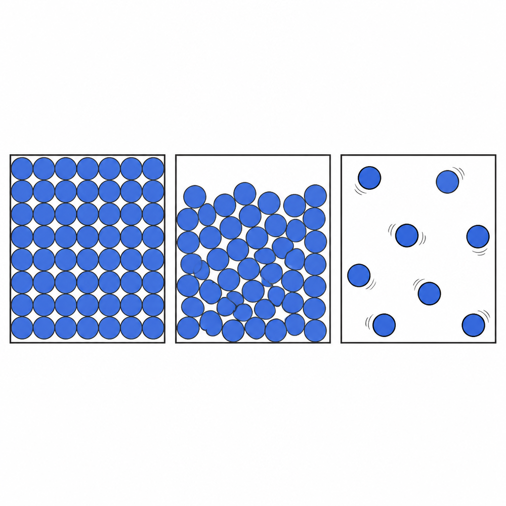 In a solid the molecules are packed tightly in fixed places, in a liquid they are close together but free to move, and in a gas they are far apart.