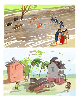 Ignored warnings come true: a flood sweeps people away, and a storm wrecks the houses that stood behind the broken dykes.