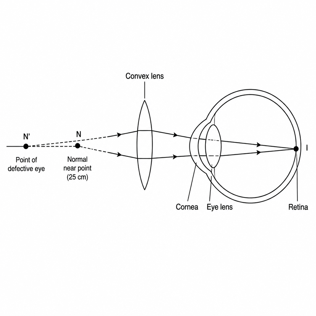 The convex lens converges the rays from a nearby object so that they seem to come from the near point of the defective eye, and the image I forms on the retina.