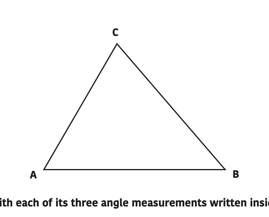 Triangle ABC with each of its three angle measurements written inside the triangle.