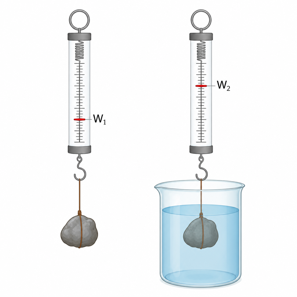 The same stone on the same spring balance: the reading in air is the real weight \( W_1 \), and the smaller reading in water is the apparent weight \( W_2 \).