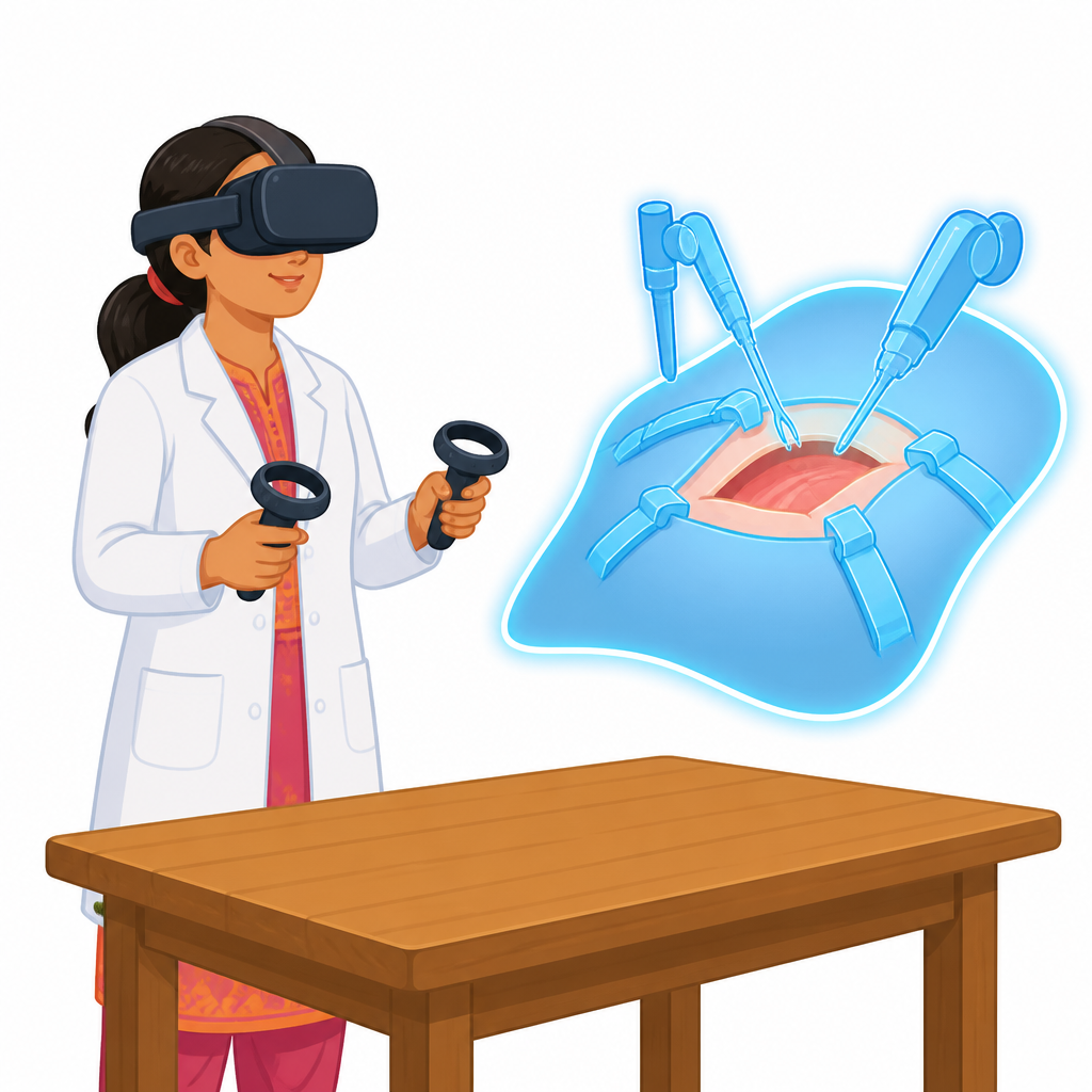 A medical student practising a surgical operation while wearing a headset, where no patient is put at any risk.