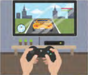 Playing video games: an indoor hobby done with a controller and a screen.