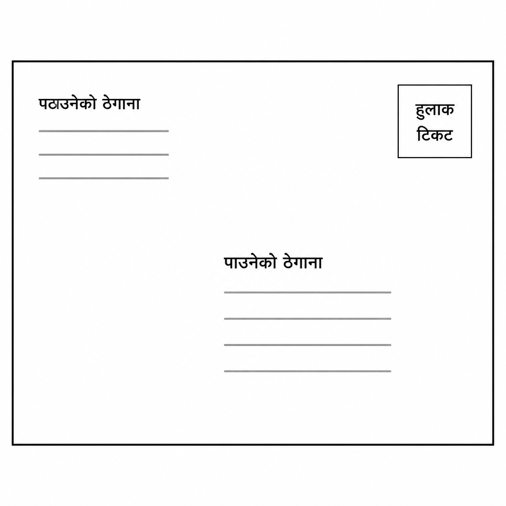 खाममा पठाउनेको ठेगाना कता र पाउनेको ठेगाना कता लेखिन्छ भन्ने नमुना।