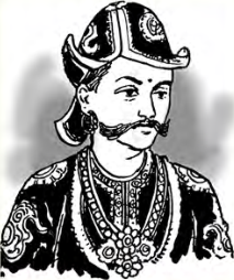 मल्लकालीन पहिरन र टोपीमा एक राजा। उपत्यकाका मल्ल राजाहरूको भूमिका यस कथाको मुख्य मोड हो।