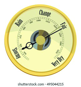 A barometer dial: the needle swinging towards low pressure points at rain and storm, and towards high pressure at fair, dry weather.