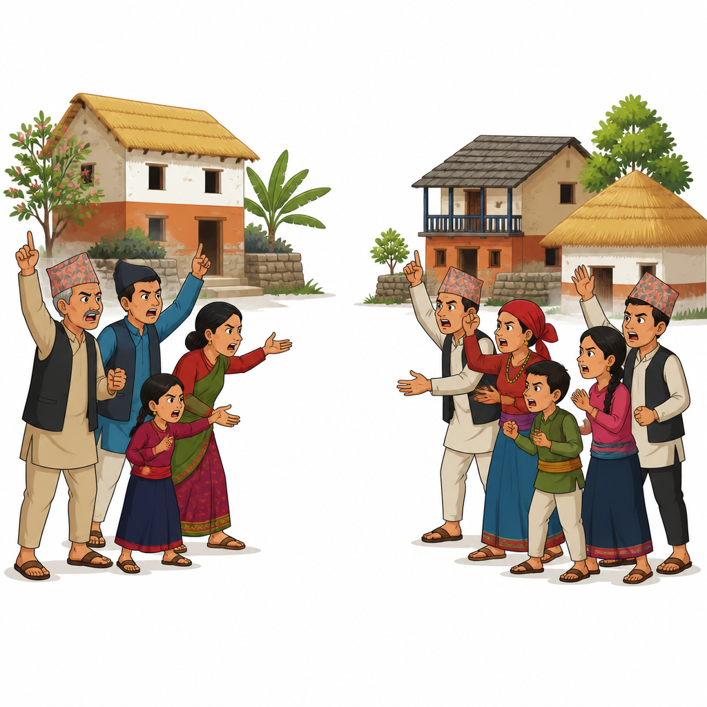 सडक कुन बाटो लाने भन्ने कुरामा गाउँ नै दुई समूहमा बाँडियो; दुवै समूह बिचमा खाली जमिन छाडेर एकअर्कासामु उभिएका छन्।