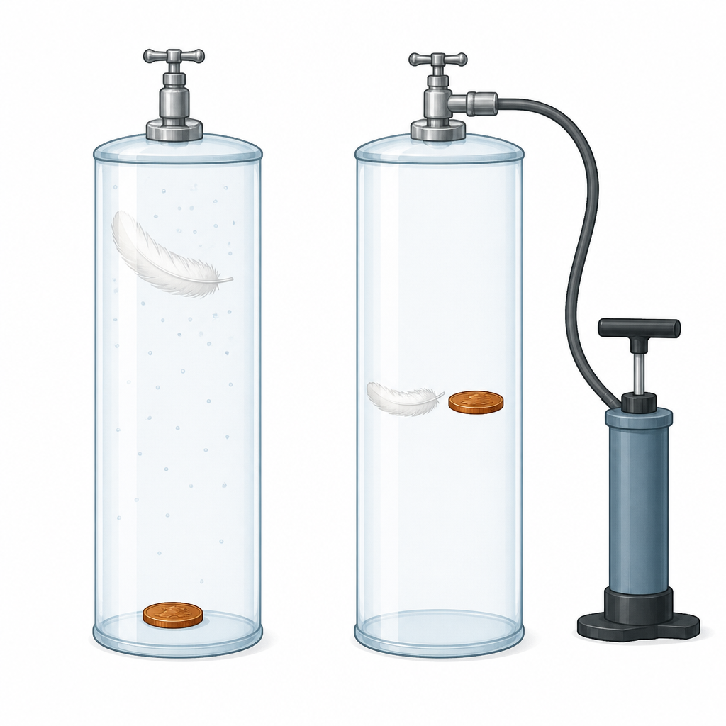 With air in the tube the coin is far ahead of the feather; with the air pumped out the two fall side by side.