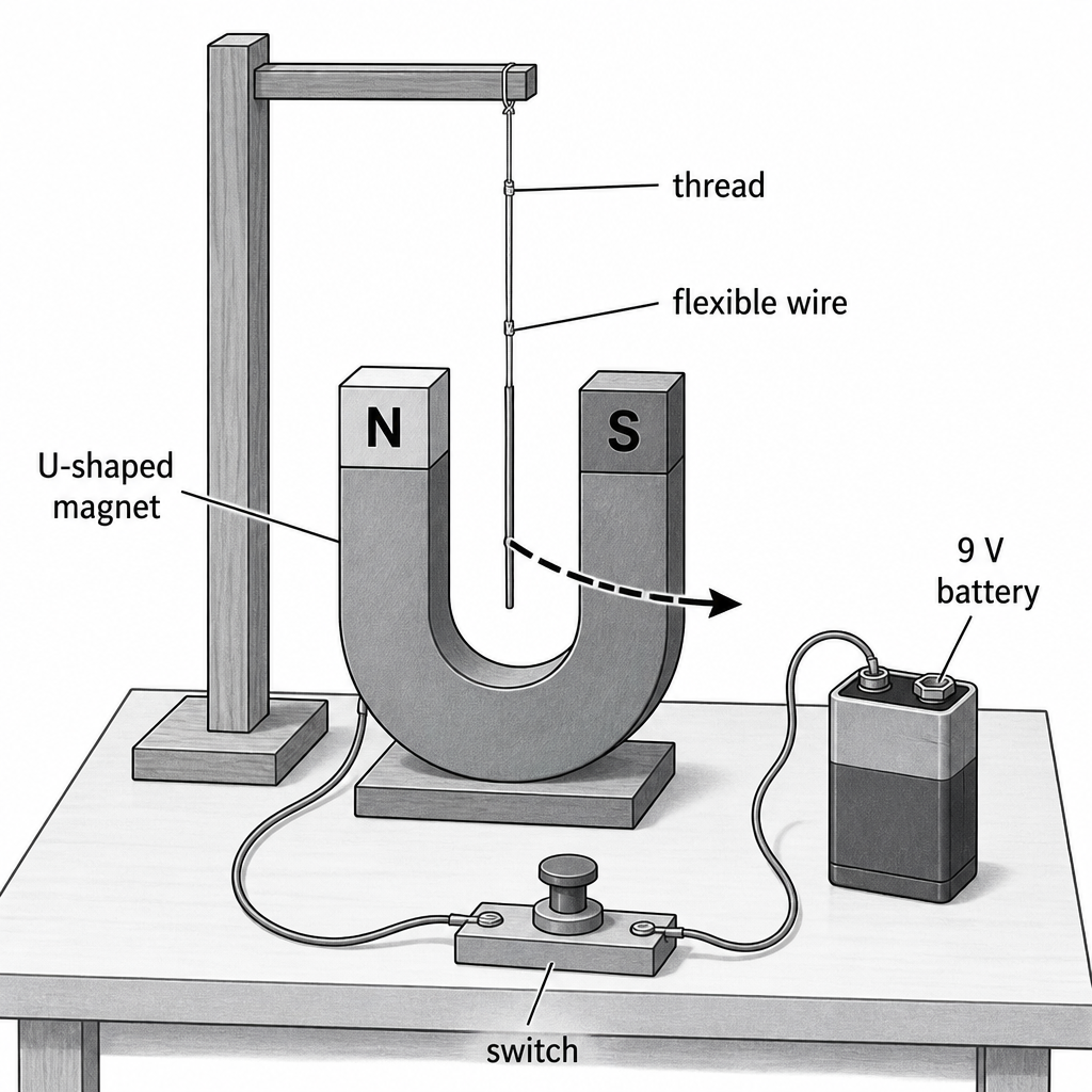 A flexible wire hung on a thread between the poles of a U-shaped magnet, joined to a battery through a switch.
