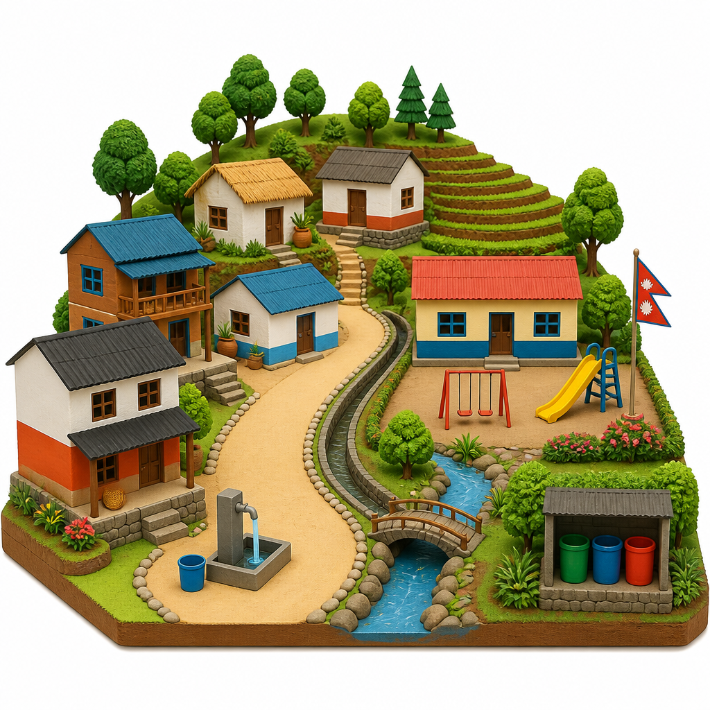 In a model of a clean village the houses, road, drains, water supply, school, fields and surrounding forest all sit together in one working arrangement.
