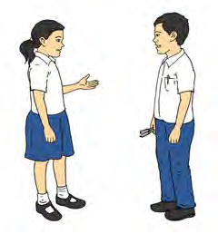 One student holds out her hand and makes a request to her friend.