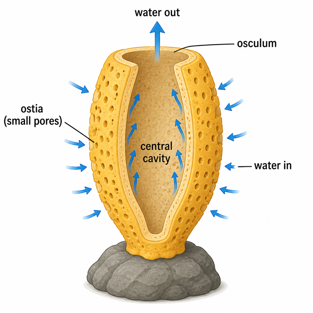 Water enters a sponge through the many small ostia and leaves through the single large osculum.