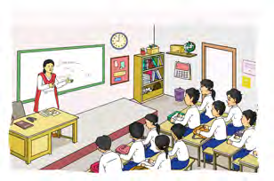 A teacher teaching her students in a classroom. From her we get knowledge.