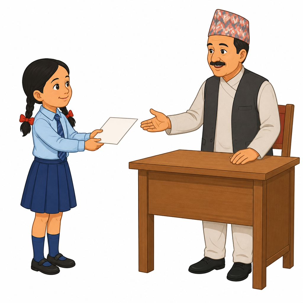 विद्यार्थीले आफ्नो अनुरोध लेखेर प्रधानाध्यापकसमक्ष निवेदन पेस गर्छ।