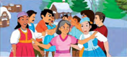 The grown-ups crowd together in the snow, angry and pushing, while the old grandmother tries to hold them apart.
