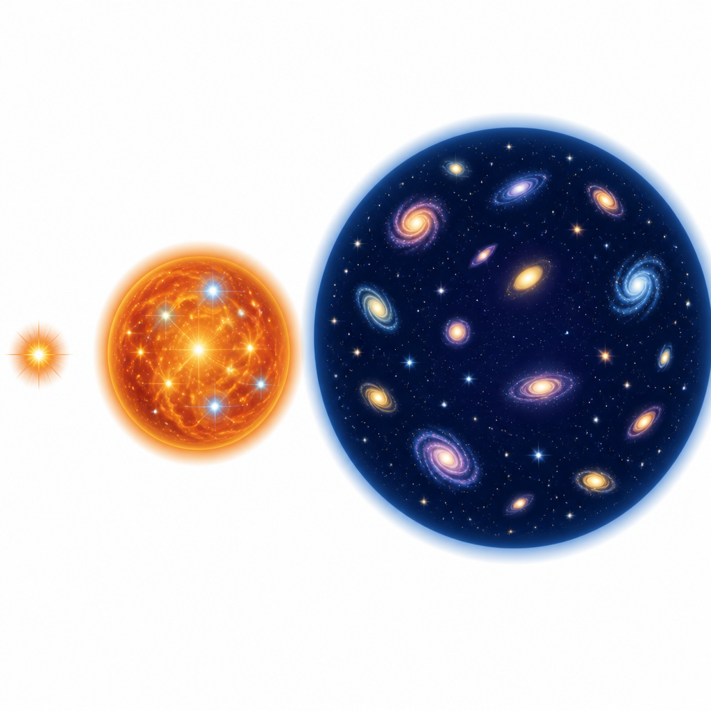 The universe growing from one tiny compressed point into today's space filled with separate galaxies. This continuing expansion is the main evidence for the Big Bang.