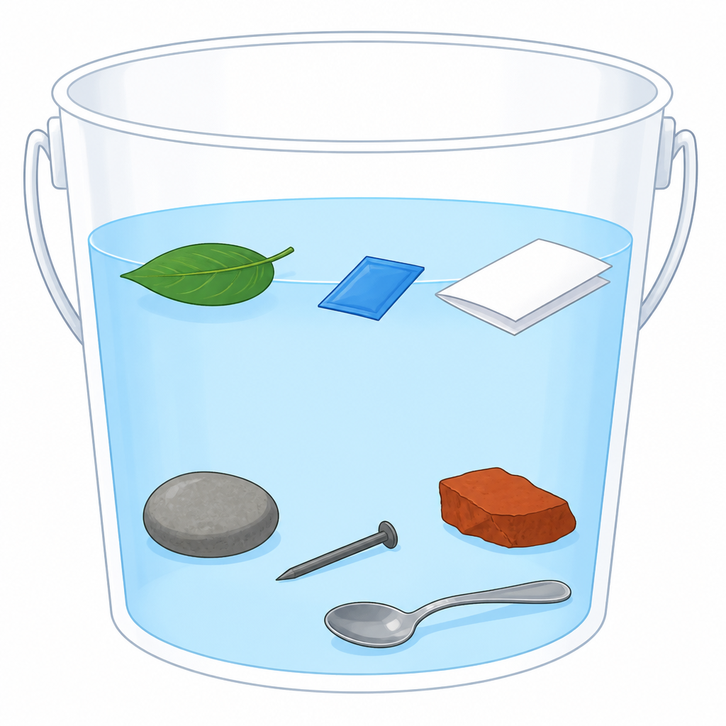 Things placed in a bucket of water, some staying up at the surface and some going right down to the bottom.